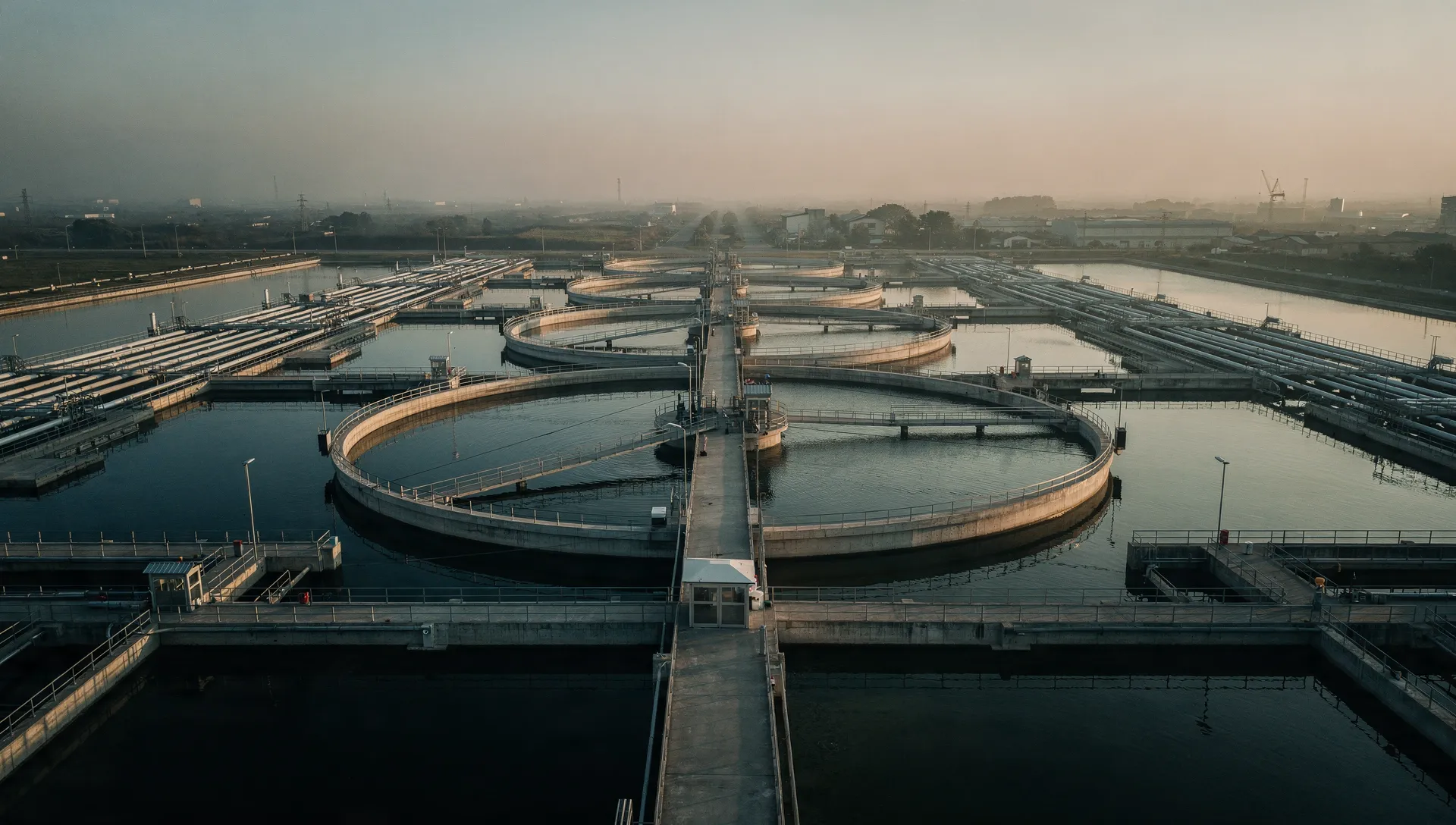 Aerial view of a water treatment facility at dusk